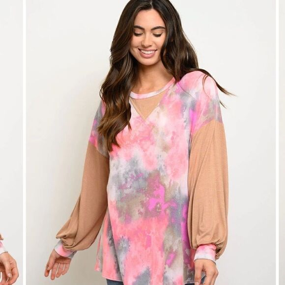 𝅺WOMEN'S LONG SLEEVE TUNIC TIE DYE TOP - Picture 1 of 3